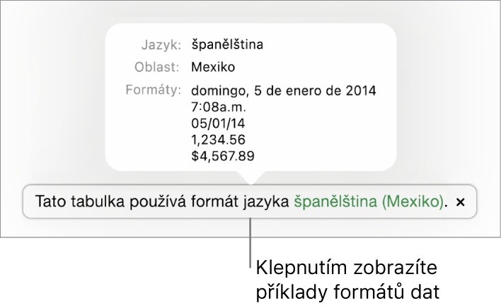 Upozornění na odlišné nastavení jazyka a oblasti s ukázkami formátování pro daný jazyk a oblast