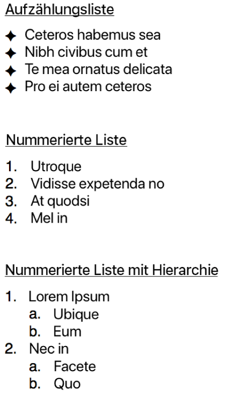Beispiele für Listen mit Aufzählungspunkten, nummerierte Listen und hierarchische Listen.