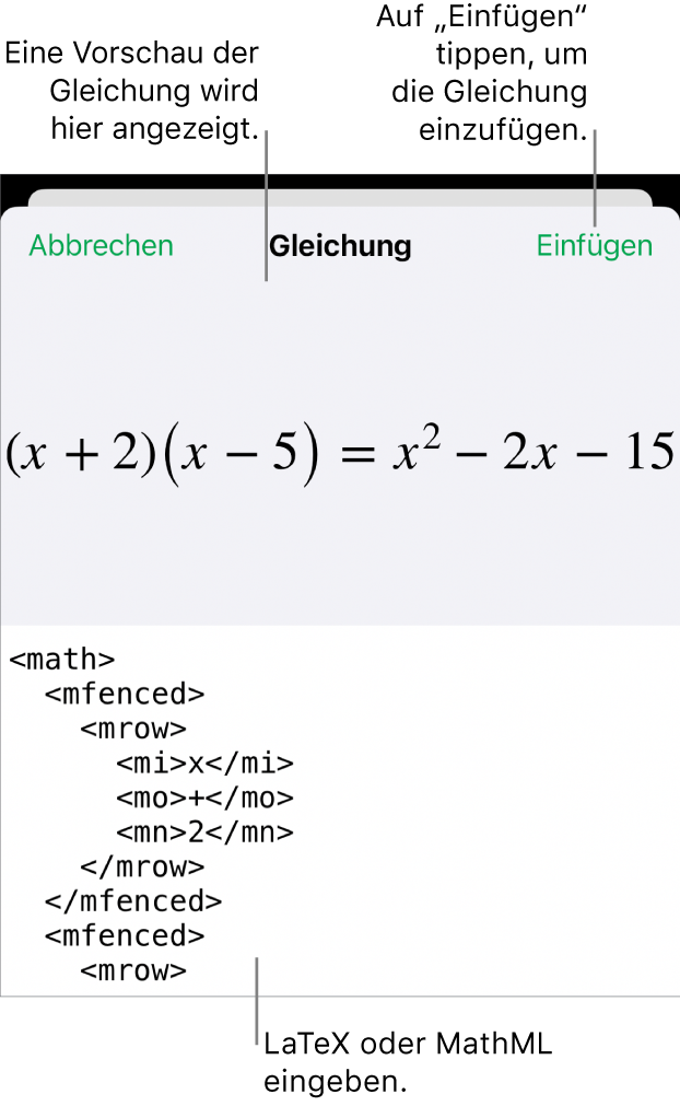 Im Dialogfenster „Gleichung“ wird eine Gleichung angezeigt, die mit MathML-Befehlen geschrieben wurde, darüber wird eine Vorschau der Formel angezeigt.