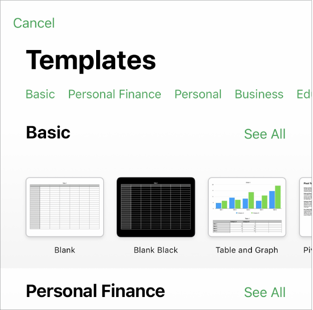 The template chooser, showing a row of categories across the top that you can tap to filter the options. Below are thumbnails of predesigned templates arranged in rows by category, starting with Recent at the top and followed by Basic. A See All button appears above and to the right of each category row.