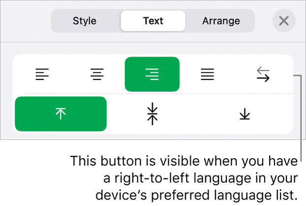 The Style section of the Format menu with a call-out to the Right to Left button.
