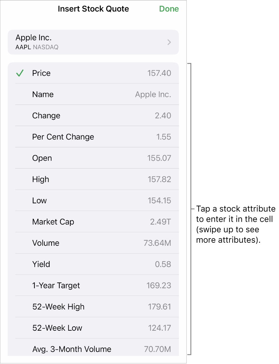 The stock quote pop-over, with the stock name at the top and selectable stock attributes including price, name, change, per cent change and open listed below.