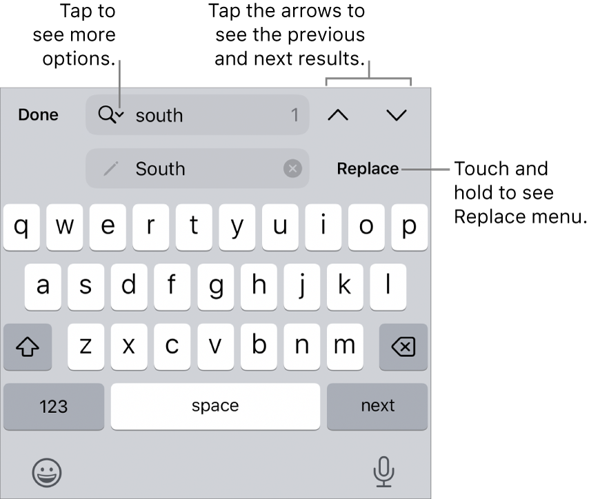 The Find & Replace controls above the keyboard with callouts to the Search Options, Replace, Go Up and Go Down buttons.