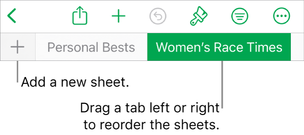 The tab bar for adding a new sheet, navigating, reordering and reorganising sheets.