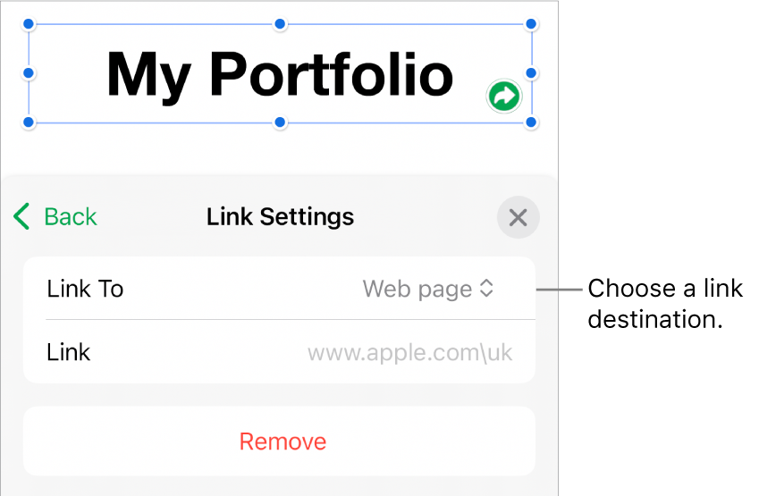 The Link Settings controls with Web Page selected, and the Remove button at the bottom.