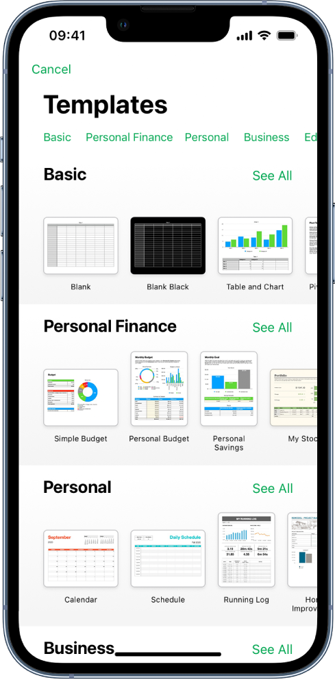 The template chooser, showing a row of categories across the top that you can tap to filter the options. Below are thumbnails of pre-designed templates arranged in rows by category, starting with Recents at the top and followed by Basic and Personal Finance. A See All button appears above and to the right of each category row. The Language and Region button is in the top-right corner.