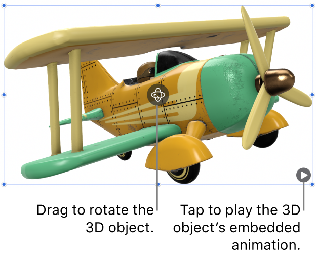 A 3D object with the Rotate button in the middle of the object, and the Play button in the lower-right corner.