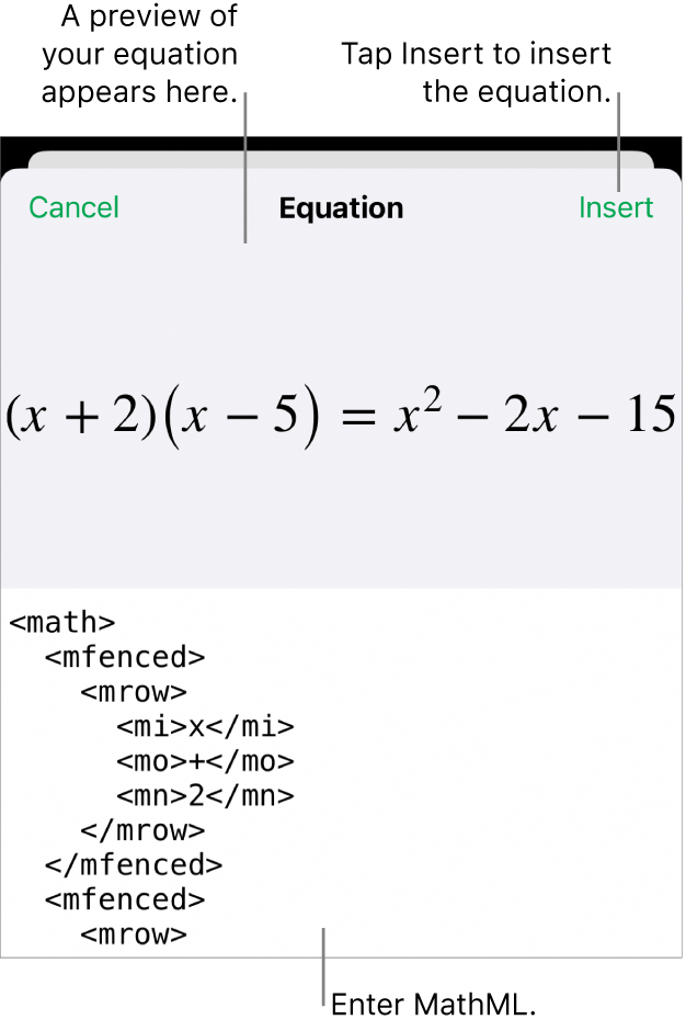 The Equation dialogue, showing an equation written using MathML commands, and a preview of the formula above.