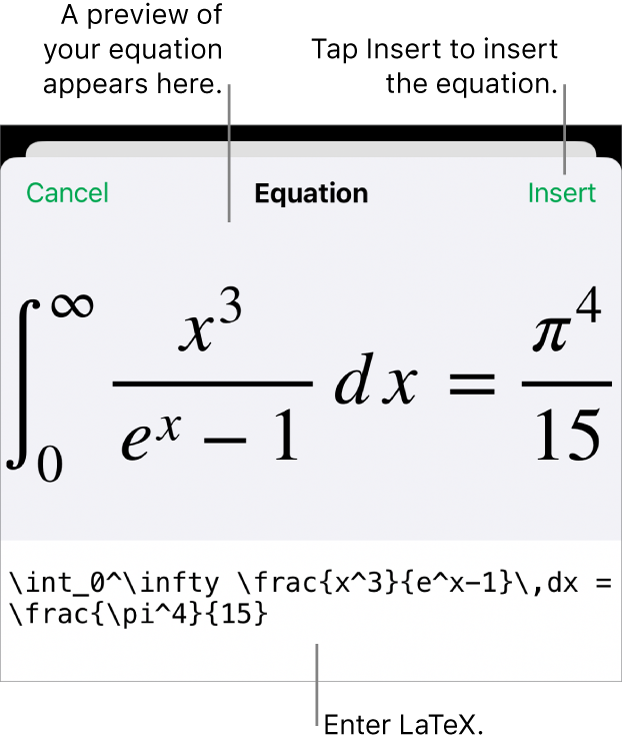 The Equation dialogue, showing an equation written using LaTex commands, and a preview of the formula above.