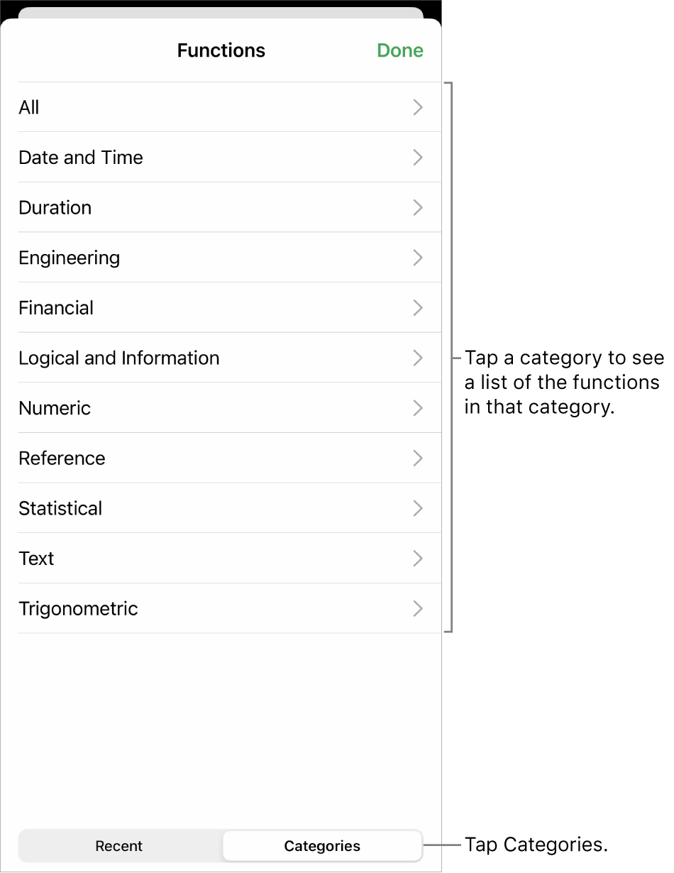 The Functions Browser with a callout to the Categories button and the list of categories.