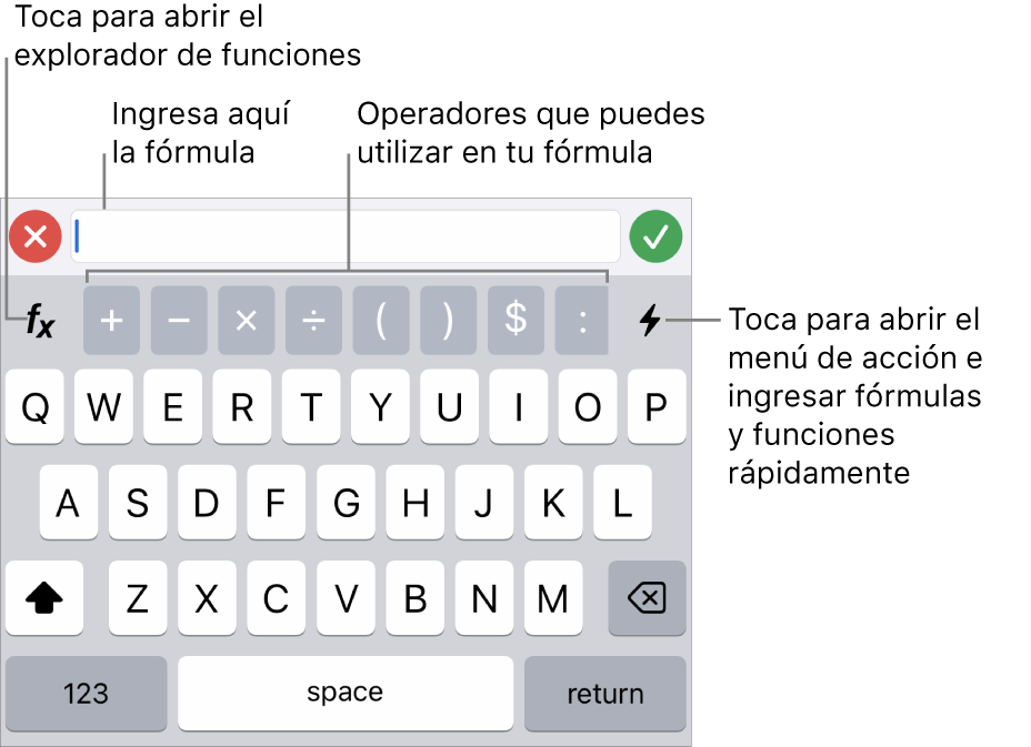 El teclado de fórmulas, con el editor de fórmulas en la parte superior y los operadores que se utilizan en las fórmulas debajo. El botón Funciones para abrir el explorador de funciones se encuentra a la izquierda de los operadores, y el botón de menú Acción se encuentra a la derecha.