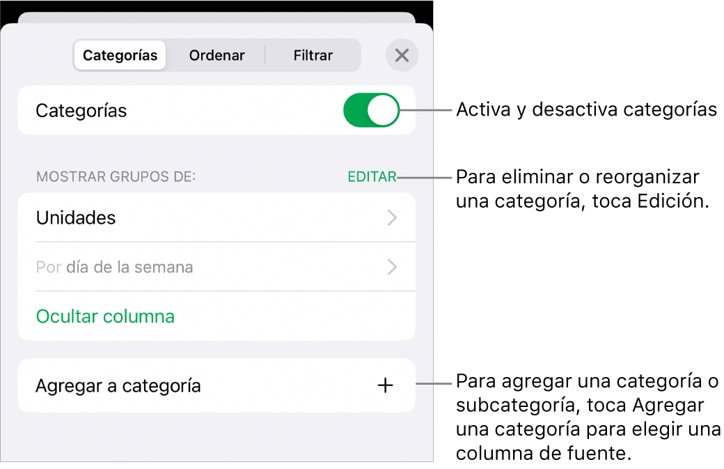 El menú Categorías del iPhone con opciones para desactivar las categorías, eliminar categorías, reagrupar datos, ocultar una columna origen y agregar categorías.