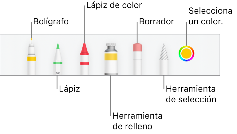 La barra de herramientas de dibujo en la app Numbers del iPhone, con un bolígrafo, lápiz, lápiz de color, relleno, borrador, herramienta de selección y paleta de colores, que muestra el color actual.