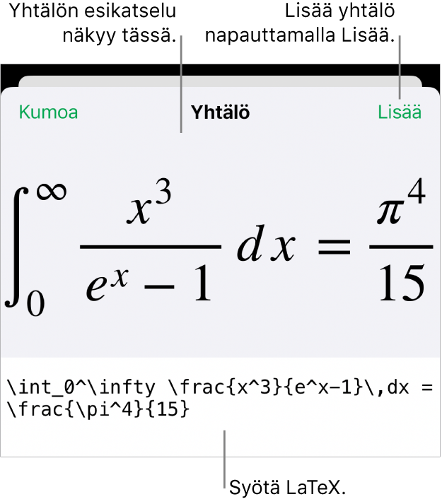 Yhtälö-valintaikkuna, jossa näkyy LaTex-komentoja käyttäen syötetty yhtälö, ja yllä kaavan esikatselu.