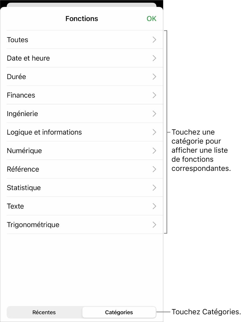 Navigateur des fonctions avec le bouton Catégories sélectionné et la liste des catégories en dessous.