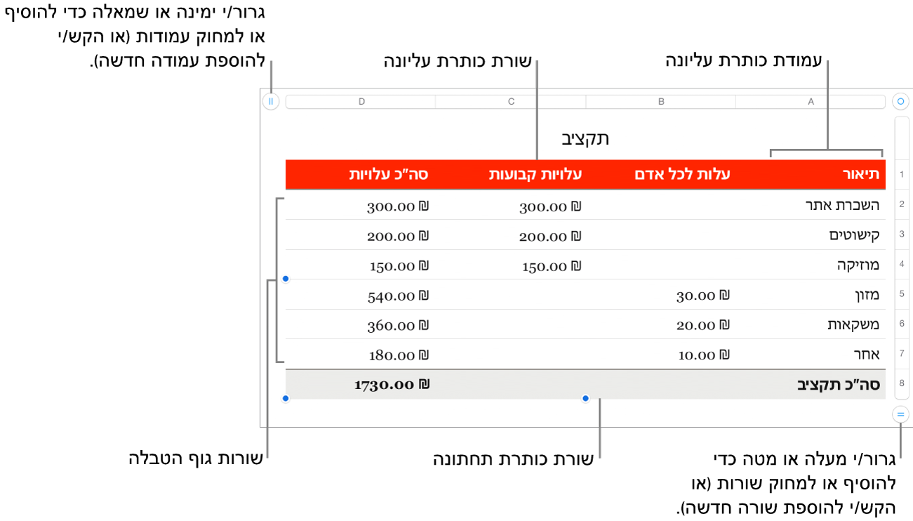 טבלה עם שורות ועמודות כותרת עליונה, גוף טבלה וכותרת תחתונה ועם ידיות אחיזה להוספה או מחיקה של שורות או עמודות.