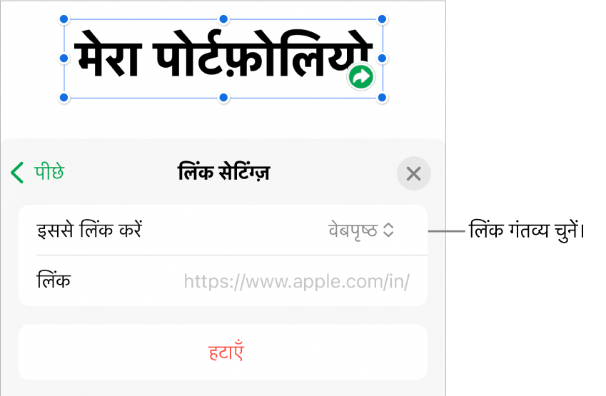 चुने गए वेबपृष्ठ के साथ लिंक सेटिंग्ज़ नियंत्रण और सबसे नीचे “लिंक हटाएँ” बटन।