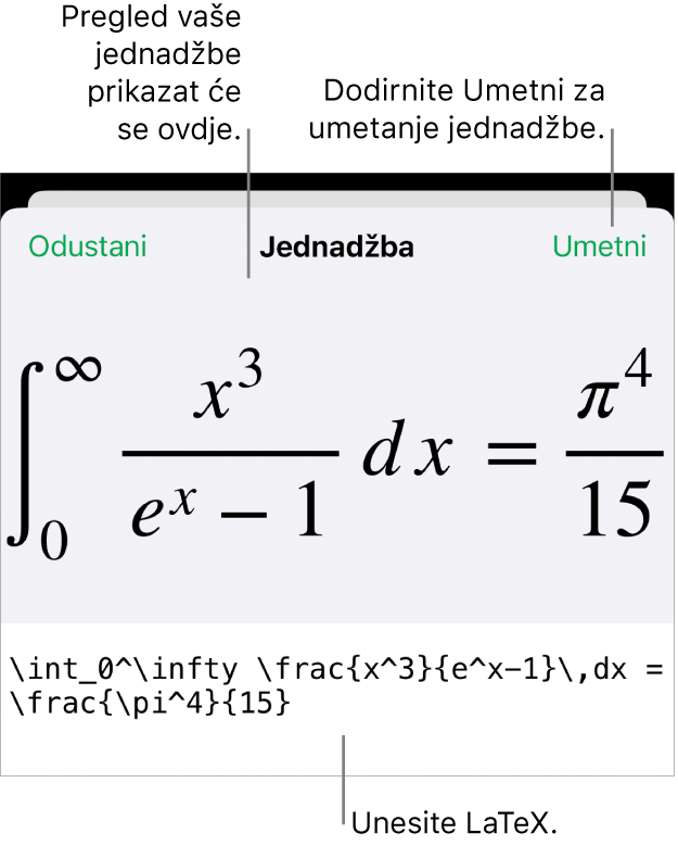 Dijaloški okvir Jednadžba koji prikazuje jednadžbu napisanu korištenjem LaTeX naredbi i prikaz gornje formule.