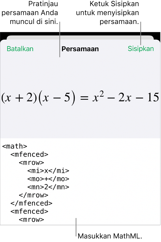 Dialog Persamaan, menampilkan sebuah persamaan ditulis menggunakan perintah MathML, dan pratinjau formula di atas.