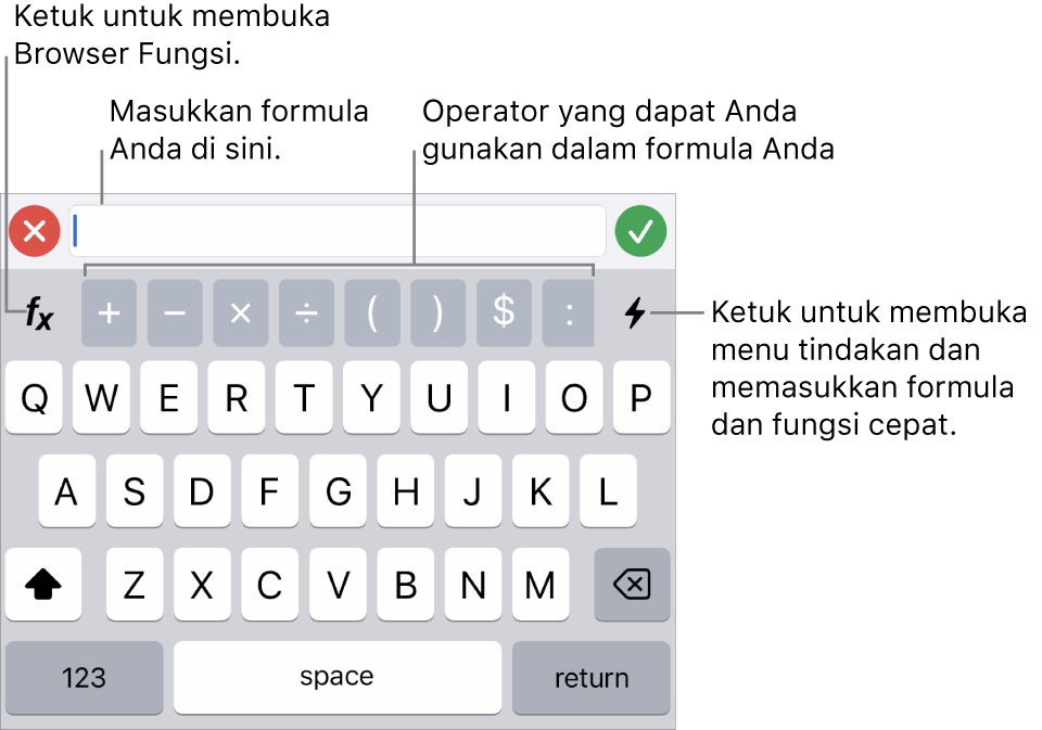 Papan ketik formula, dengan editor formula di bagian atas dan operator digunakan dalam formula di bawahnya. Tombol Fungsi untuk membuka Browser Fungsi berada di kiri operator, dan tombol menu Tindakan berada di kanan.