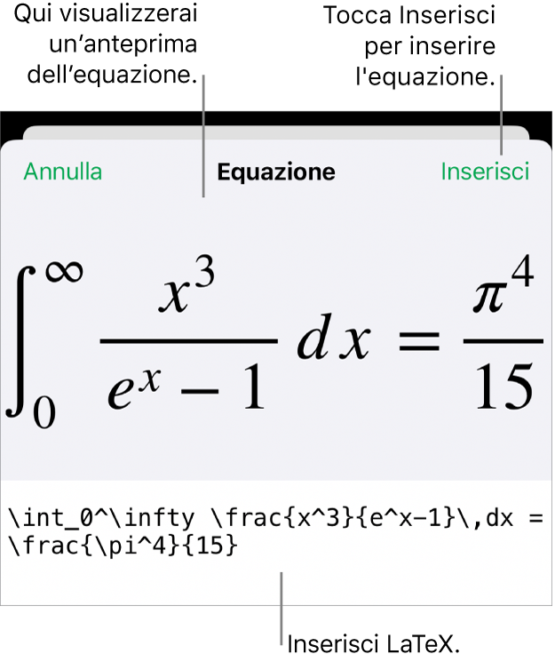 La finestra di dialogo Equazione con l’equazione scritta tramite comandi LaTeX e un’anteprima della formula di cui sopra.