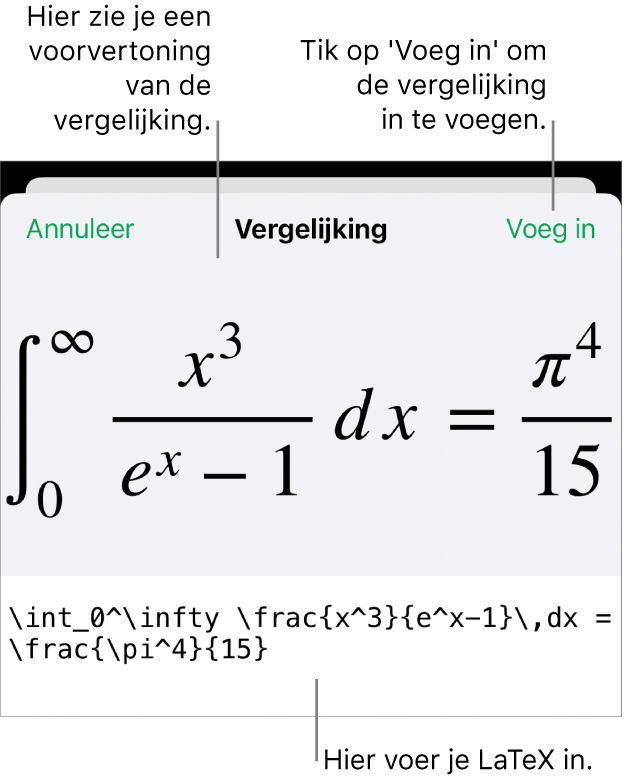 Het venster 'Vergelijking' met daarin een vergelijking die geschreven is met LaTeX-commando's en erboven een voorvertoning van de formule.