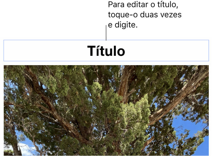 O marcador de posição de título, “Título”, aparece abaixo de uma foto. Um contorno azul ao redor do campo de título mostra que ele está selecionado.