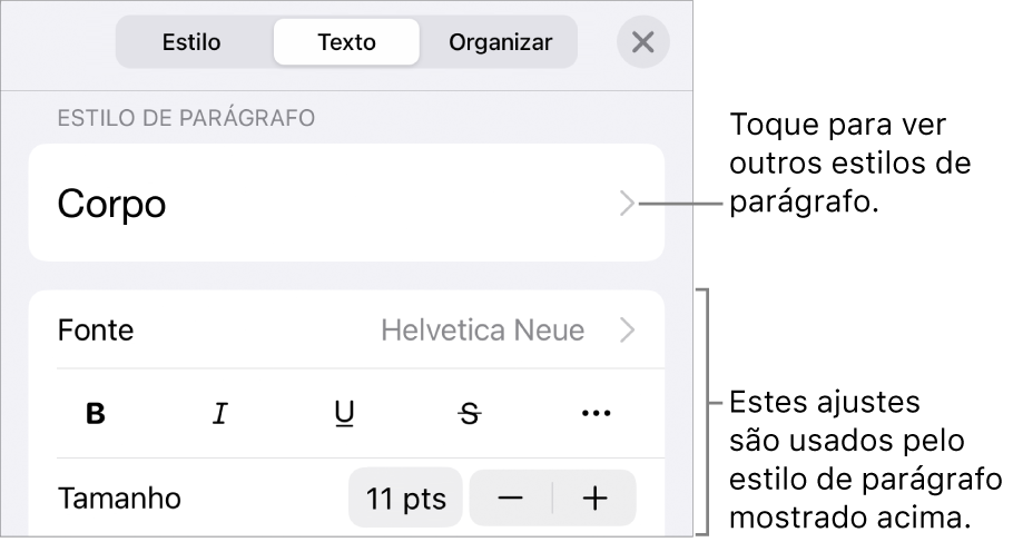 O menu Formatar, mostrando controles de texto para definir estilo, fonte, tamanho e cor de caractere e parágrafo.