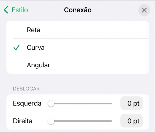 Os controles de Conexão com Curva selecionada.
