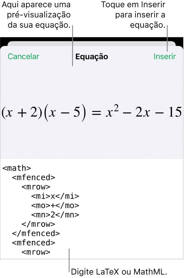 O diálogo de Equação, mostrando uma equação escrita com comandos MathML e uma pré-visualização da fórmula acima.