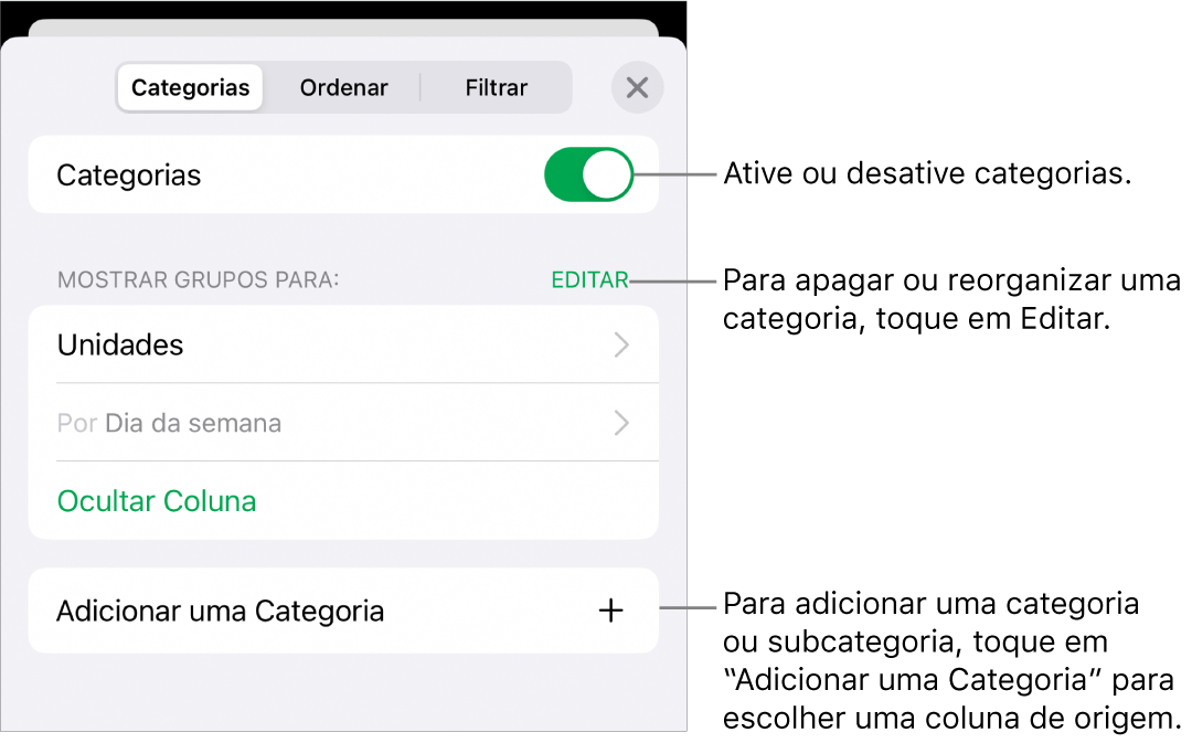 O menu Categorias para o iPhone com opções para desativar categorias, apagar categorias, reagrupar dados, ocultar uma coluna de origem e adicionar categorias.