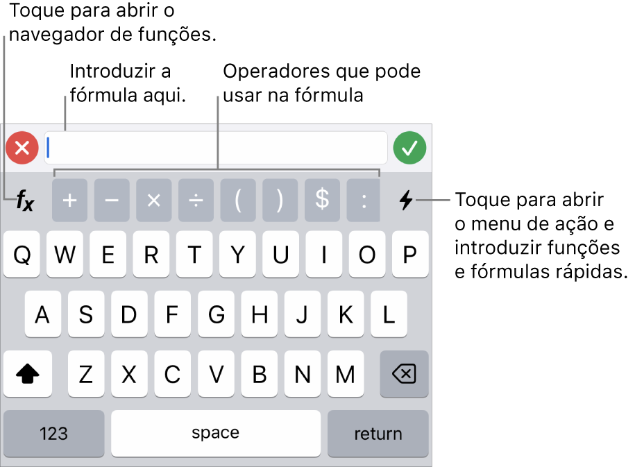 O teclado de fórmulas, com o editor de fórmulas na parte superior e os operadores utilizados nas fórmulas por baixo. O botão "Funções” para abrir o navegador de funções está situado à esquerda dos operadores e o botão de menu de ação está situado à direita.