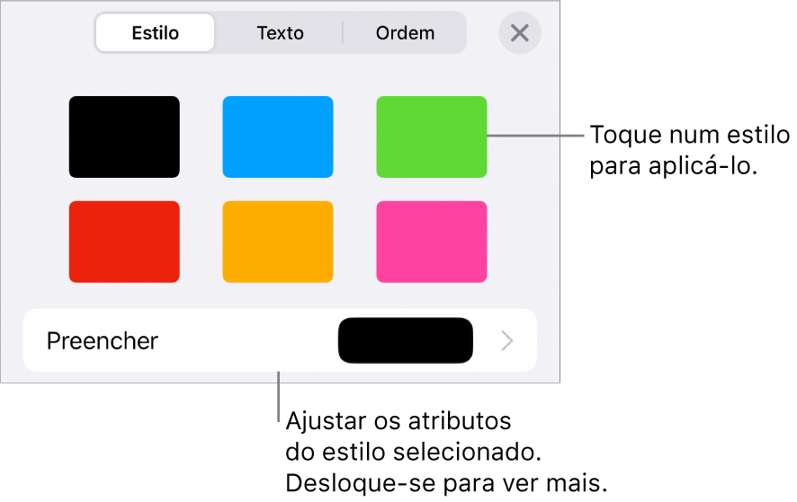 O separador "Estilo” do menu “Formatação” com estilos de forma na parte superior e um seletor de cor de preenchimento por baixo.
