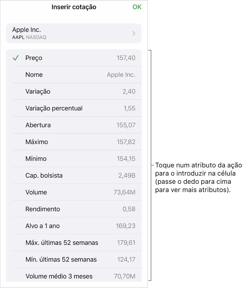 O pop-over de cotação, com o nome do título na parte superior e atributos do título selecionáveis, incluindo o preço, o nome, a variação, a variação percentual e a abertura apresentados abaixo.