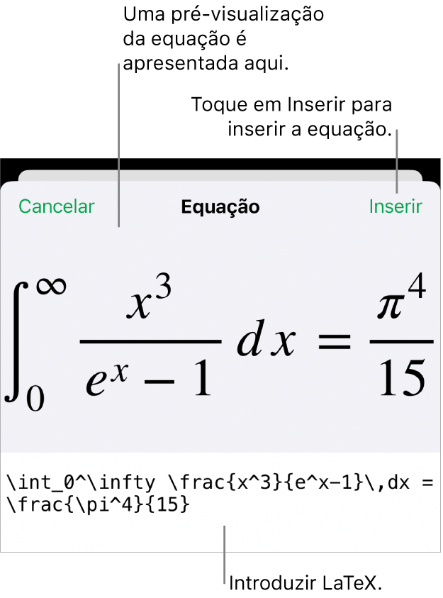 A caixa de diálogo “Equação”, apresentando uma equação escrita com recurso aos comandos LaTeX e uma pré-visualização da fórmula em cima.