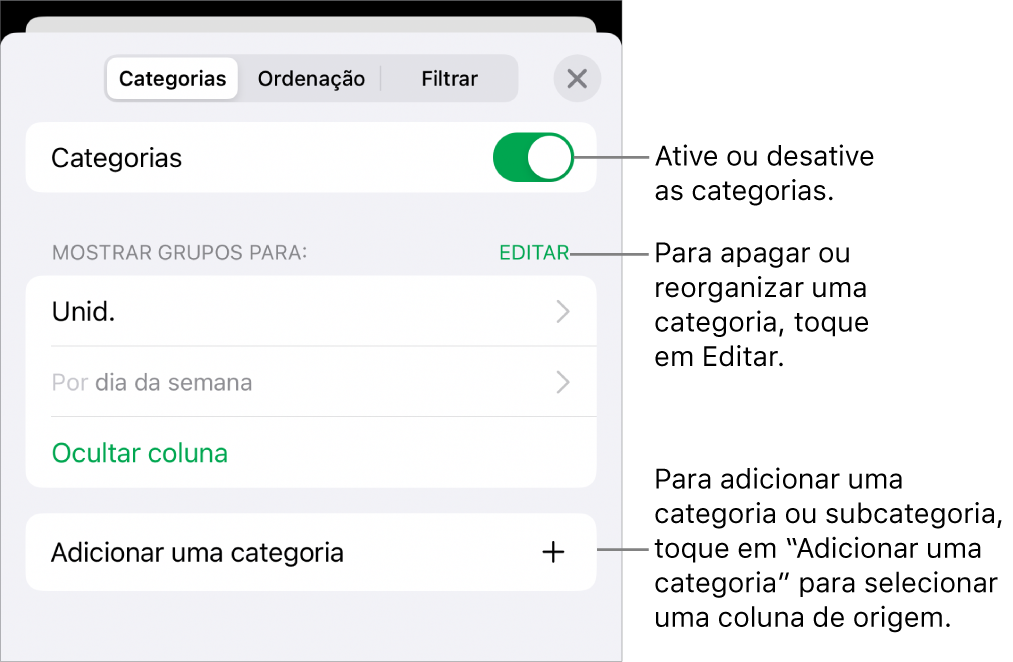 O menu "Categorias” para iPhone com opções para desativar as categorias, apagar categorias, reagrupar dados, ocultar uma coluna de origem e adicionar categorias.