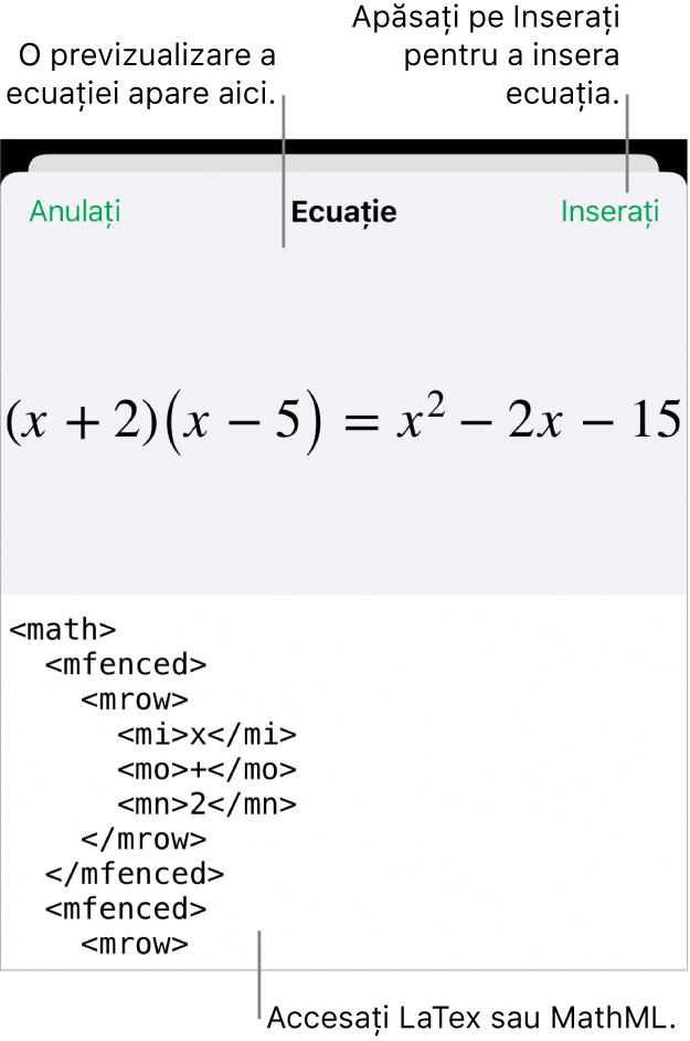 Caseta de dialog Ecuație, afișând o ecuație scrisă cu ajutorul comenzilor MathML și, deasupra, o previzualizare a formulei.