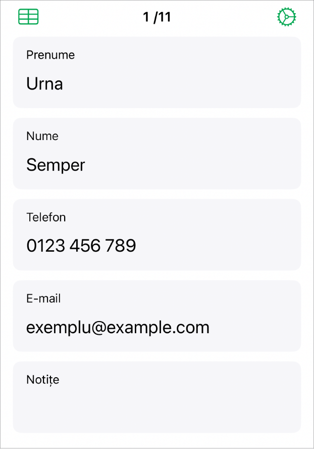 O înregistrare dintr-un formular având câmpuri pentru nume, număr de telefon, adresă de e-mail și altele. De asemenea, sunt afișate comenzi pentru vizualizarea tabelului asociat și pentru configurarea formularului.