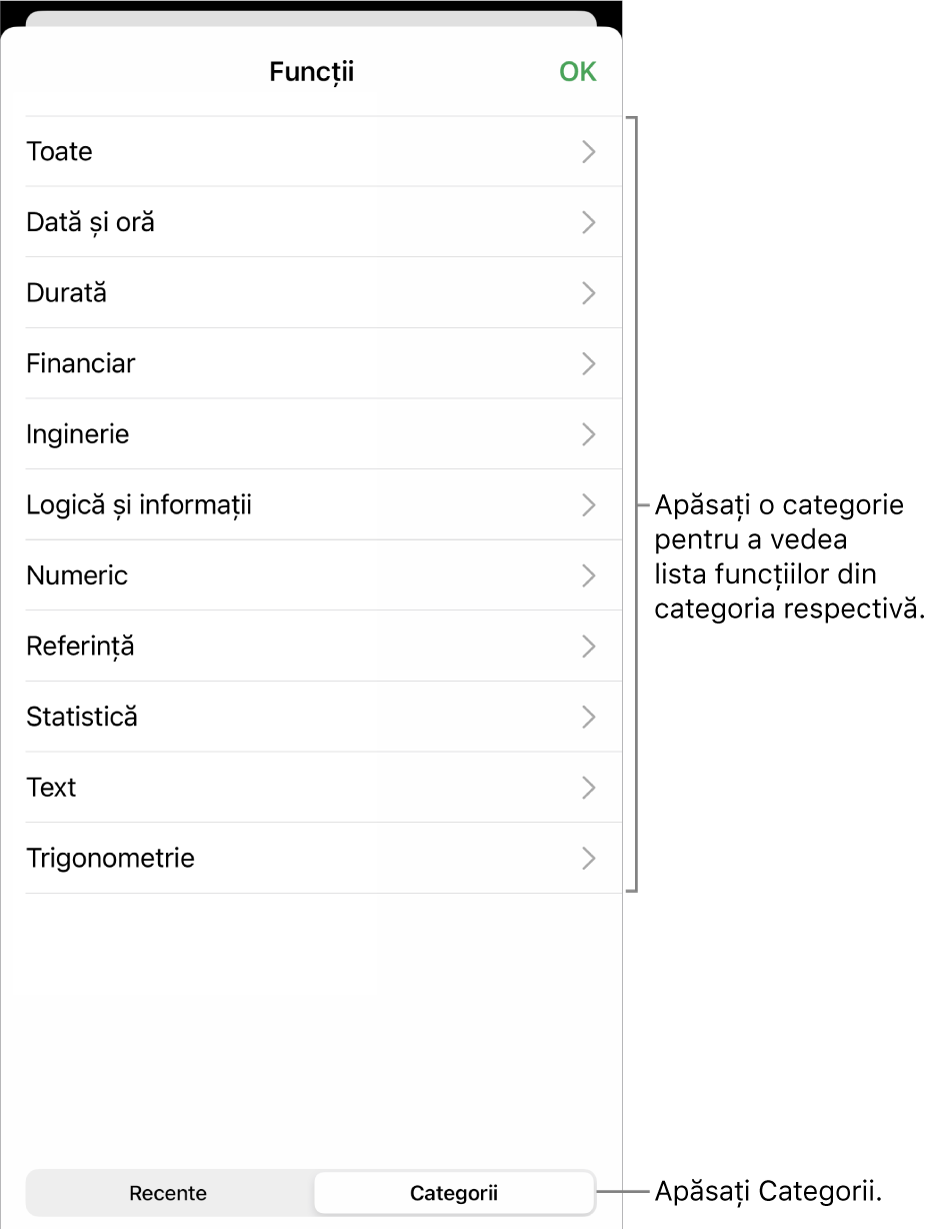Browserul de funcții cu o explicație pentru butonul Categorii și lista de categorii.