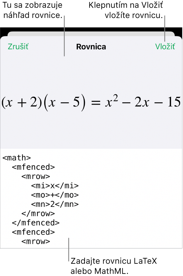 Dialógové okno Rovnica zobrazujúce rovnicu napísanú pomocou príkazov MathML, vyššie sa nachádza náhľad vzorca.
