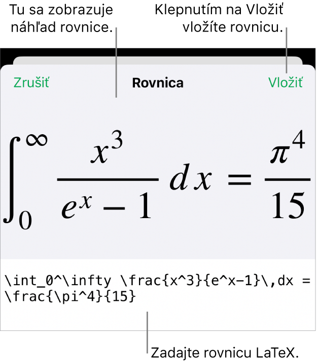 Dialógové okno Rovnica zobrazujúce rovnicu napísanú pomocou príkazov LaTeX, vyššie sa nachádza náhľad vzorca.
