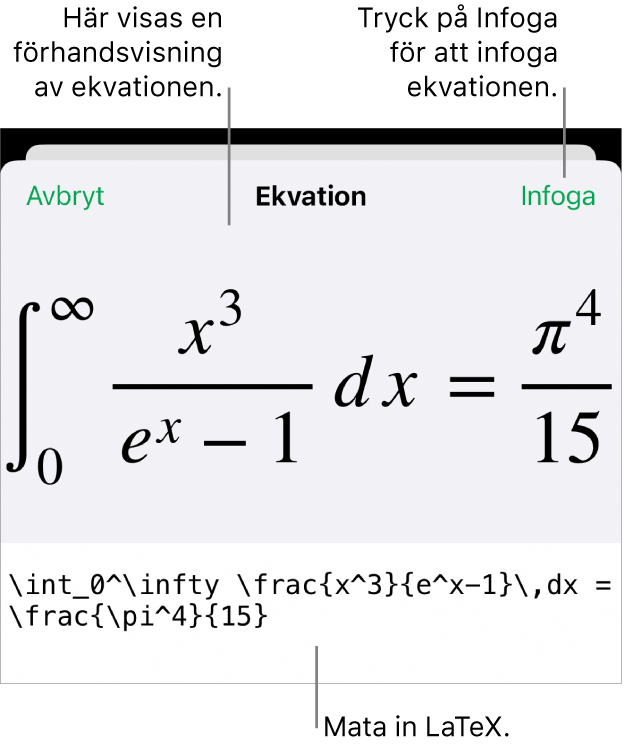 Dialogrutan Ekvation visar en ekvation som skrivits med LaTex-kommandon och en förhandsvisning av formeln ovanför den.