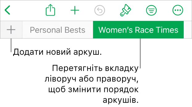 Панель вкладок для додавання нового аркуша, навігації, перевпорядкування та реорганізації аркушів.