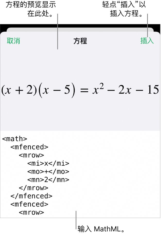 “方程”对话框，显示使用 MathML 命令所写的方程，以及上方公式的预览。