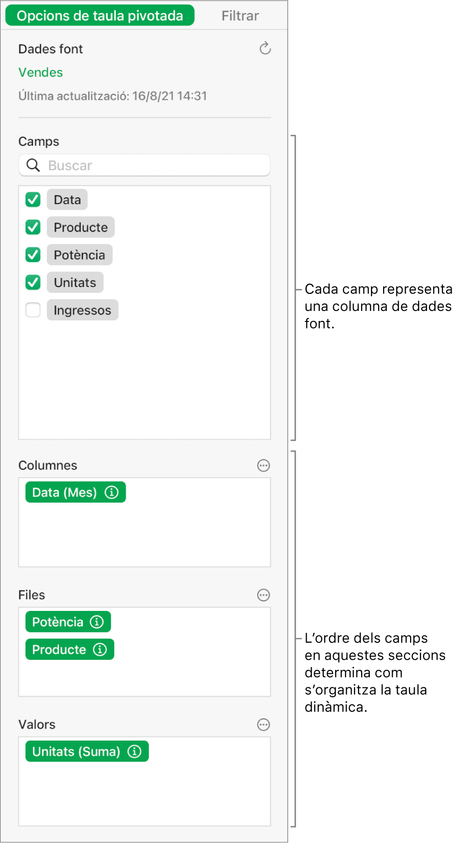 El menú “Opcions de taula dinàmica” que mostra els camps a les seccions Columnes, Files i Valors, a més dels controls per editar els camps i actualitzar la taula dinàmica.