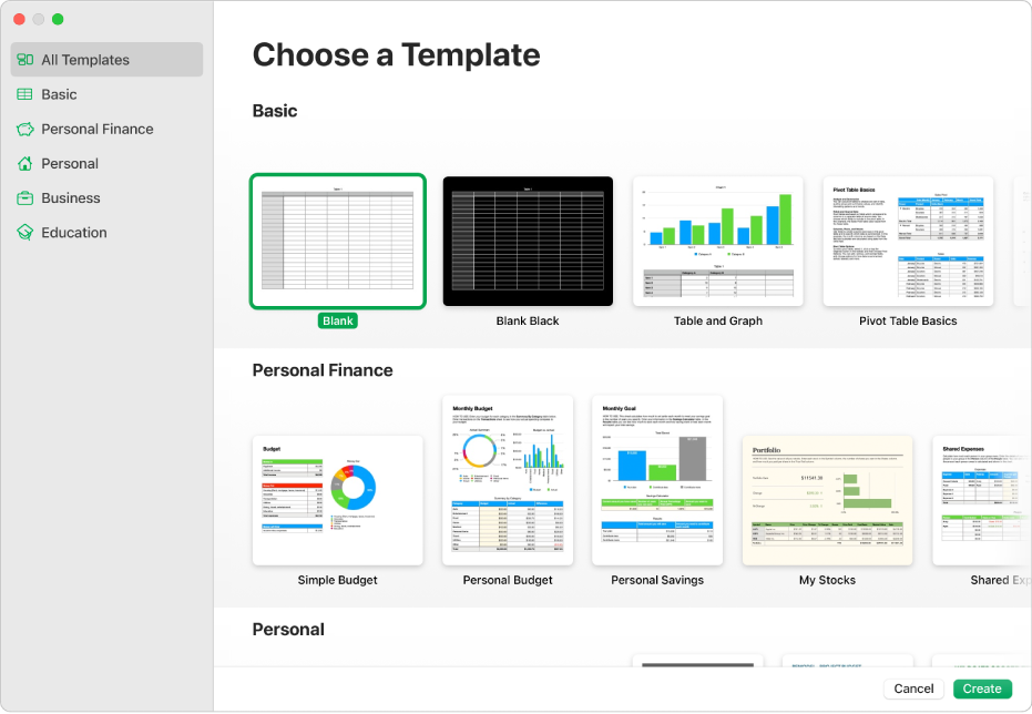The template chooser. A sidebar on the left lists template categories you can click to filter options. On the right are thumbnails of predesigned templates arranged in rows by category, starting with Recent at the top and followed by Basic and Personal Finance. The Language and Region pop-up menu is in the bottom-left corner and Cancel and Create buttons are in the bottom-right corner.