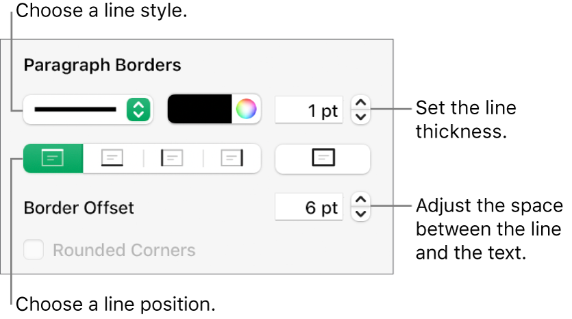 Controls to change the line style, thickness, position and colour.