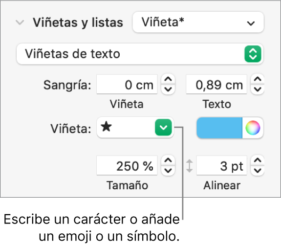 La sección de viñetas y listas de la barra lateral Formato. El campo Viñeta muestra un emoji de una estrella.