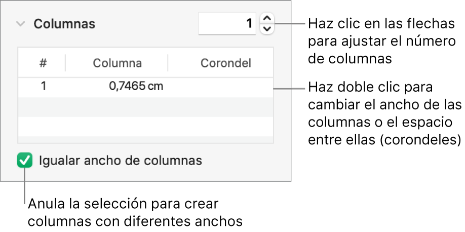 Controles de la sección de columnas para cambiar el número de columnas y la anchura de cada columna.
