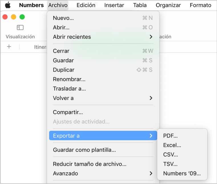 El menú Archivo abierto con la opción “Exportar a” seleccionada y con el submenú donde se muestran las opciones de exportación a PDF, Excel, CSV y Numbers ’09.